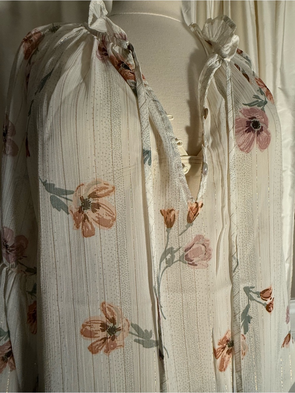 Lovestitch Floral Tie-Neck Peasant Blouse - Cream with Pink & Tan Flowers - Picture 4 of 8